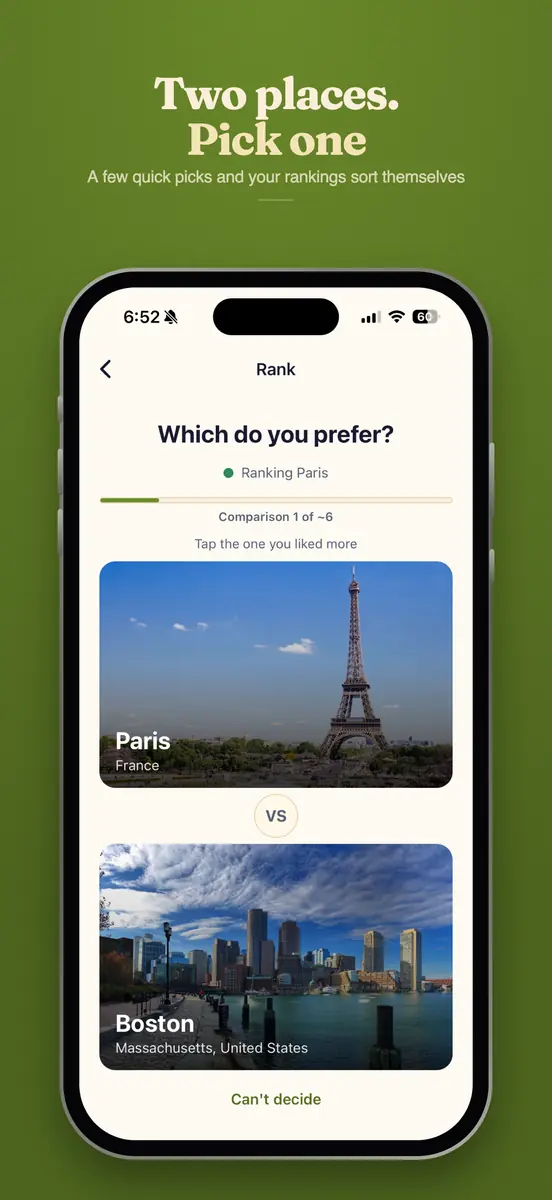 The desti rank screen asking which do you prefer, with Paris and Boston shown one above the other