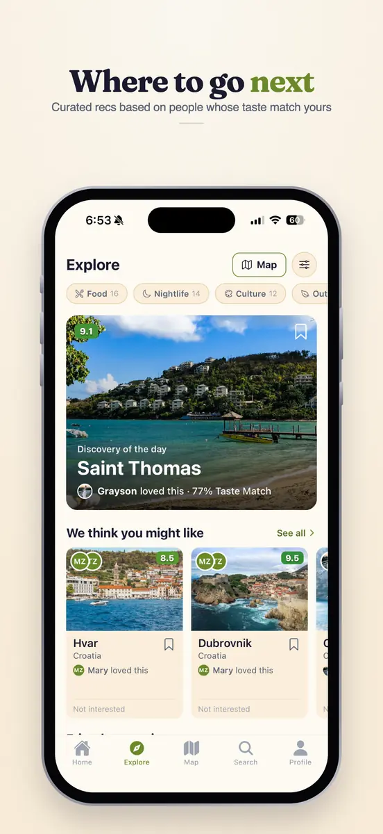 The desti Explore tab: a Discovery of the day card for Saint Thomas and a row of recommendations with scores