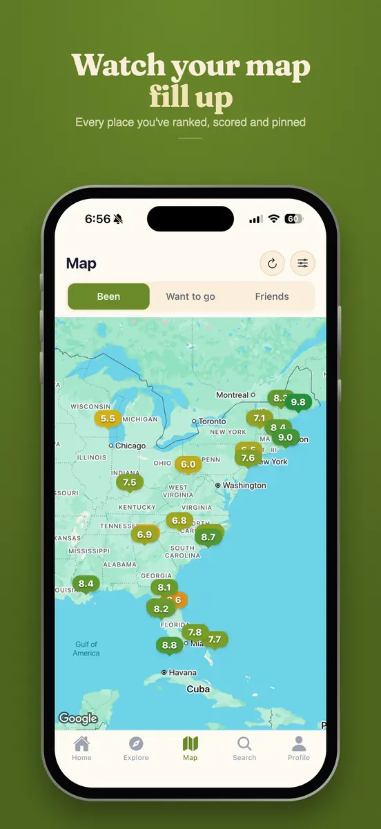 The desti map tab with Been, Want to go and Friends over a map dotted with scored pins