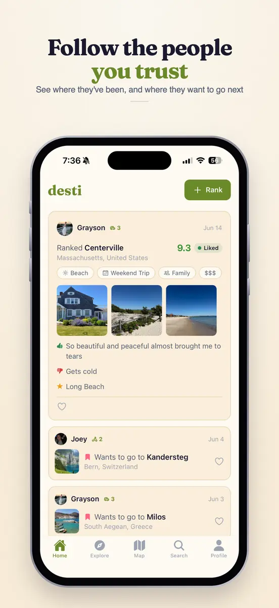 The desti home feed: a friend's ranked city with trip tags, photos and notes, and two want-to-go posts below it